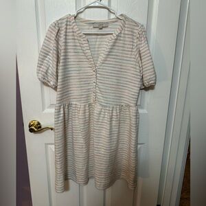LOFT Medium Petite Blue and Pink Pastel Stripe Button-Front Babydoll Dress